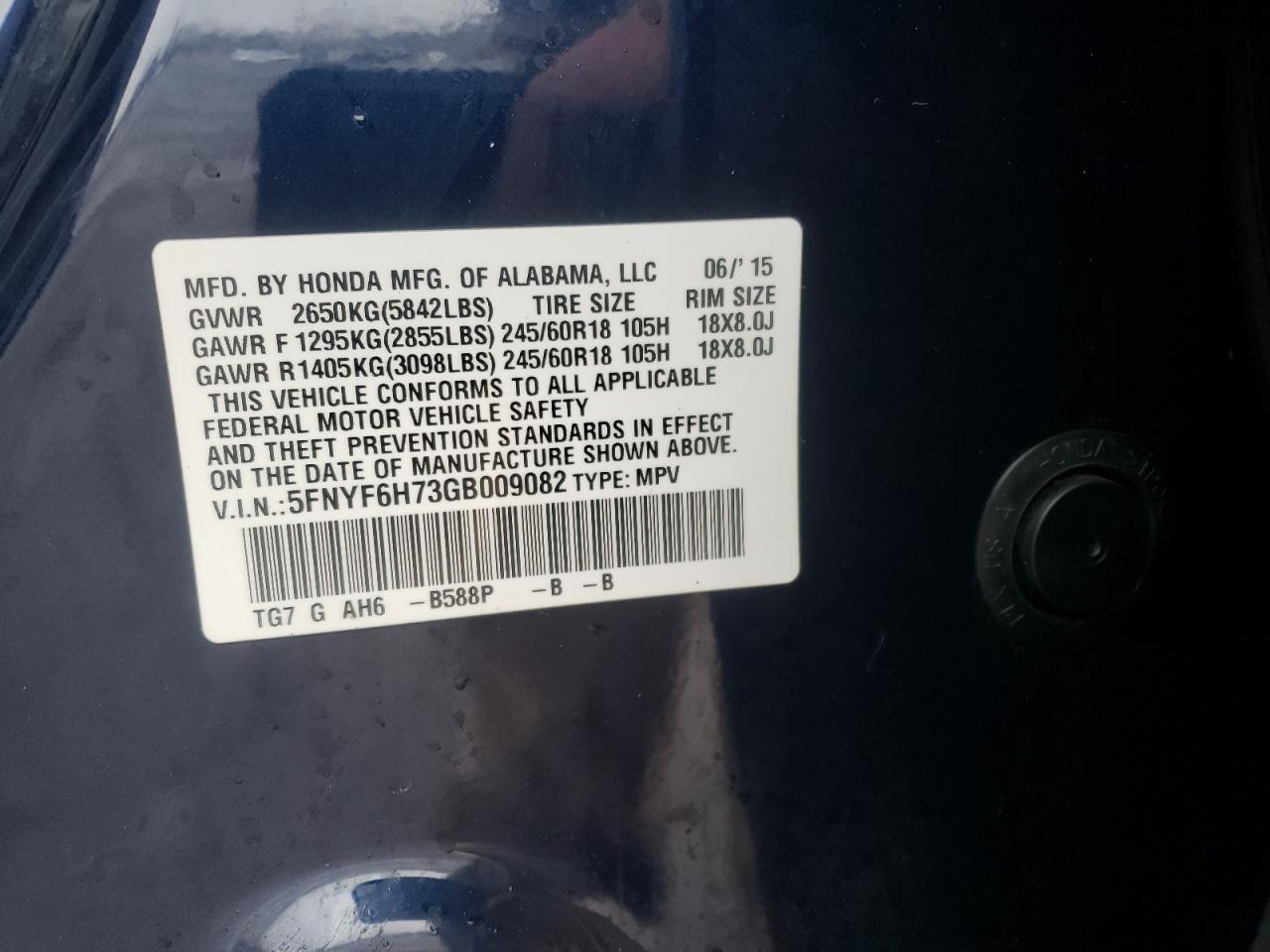 Photo 10 from auction – 2016 HONDA PILOT EXLN with VIN 5FNYF6H73GB009082