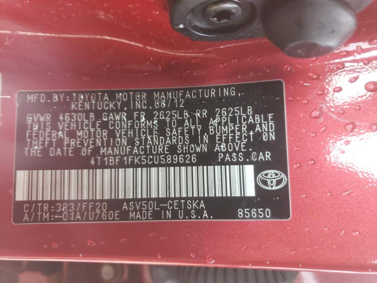 Photo 10 from auction – 2012 TOYOTA CAMRY BASE with VIN 4T1BF1FK5CU589626