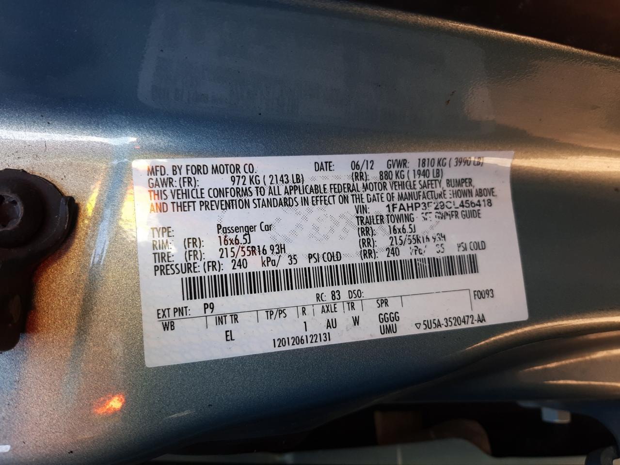 Photo 10 from auction – 2012 FORD FOCUS SE with VIN 1FAHP3F29CL456418