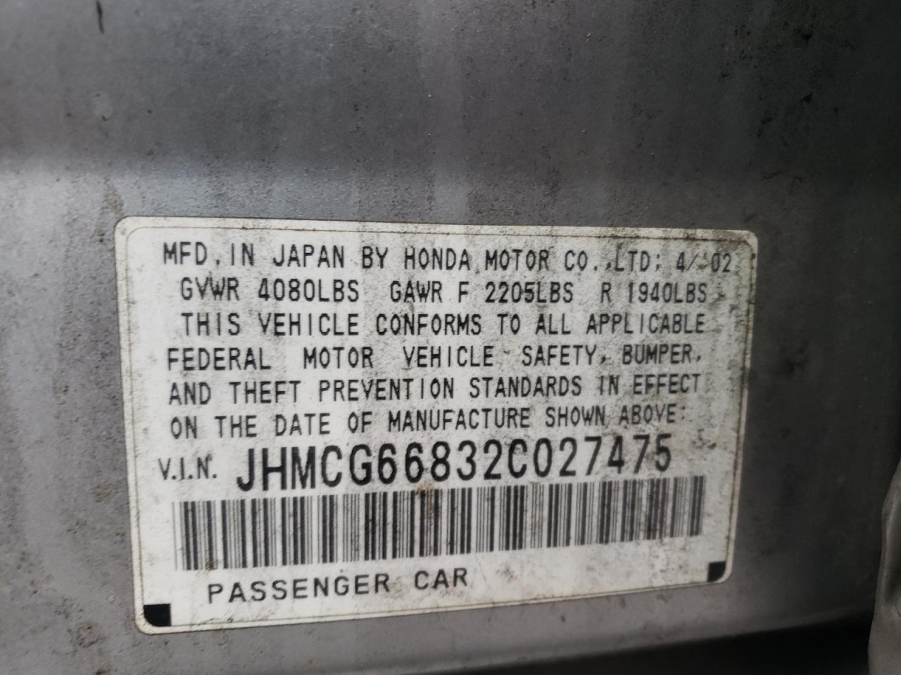 Photo 10 from auction – 2002 HONDA ACCORD EX with VIN JHMCG66832C027475