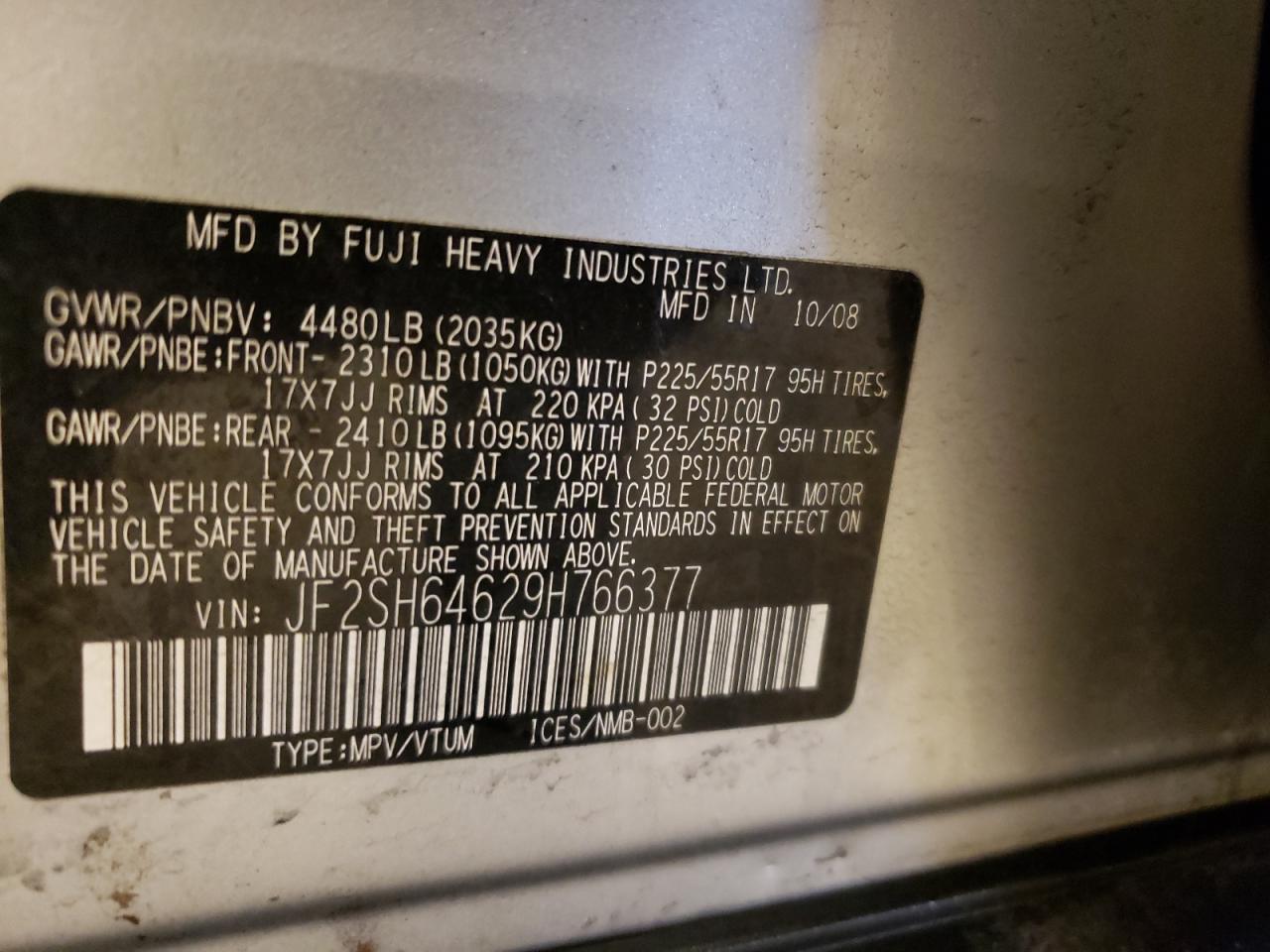 Photo 10 from auction – 2009 SUBARU FORESTER 2 with VIN JF2SH64629H766377