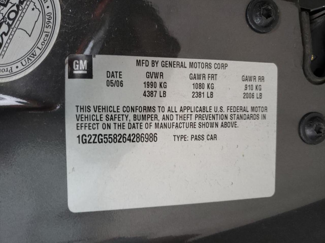Photo 10 from auction – 2006 PONTIAC G6 SE1 with VIN 1G2ZG558264286986