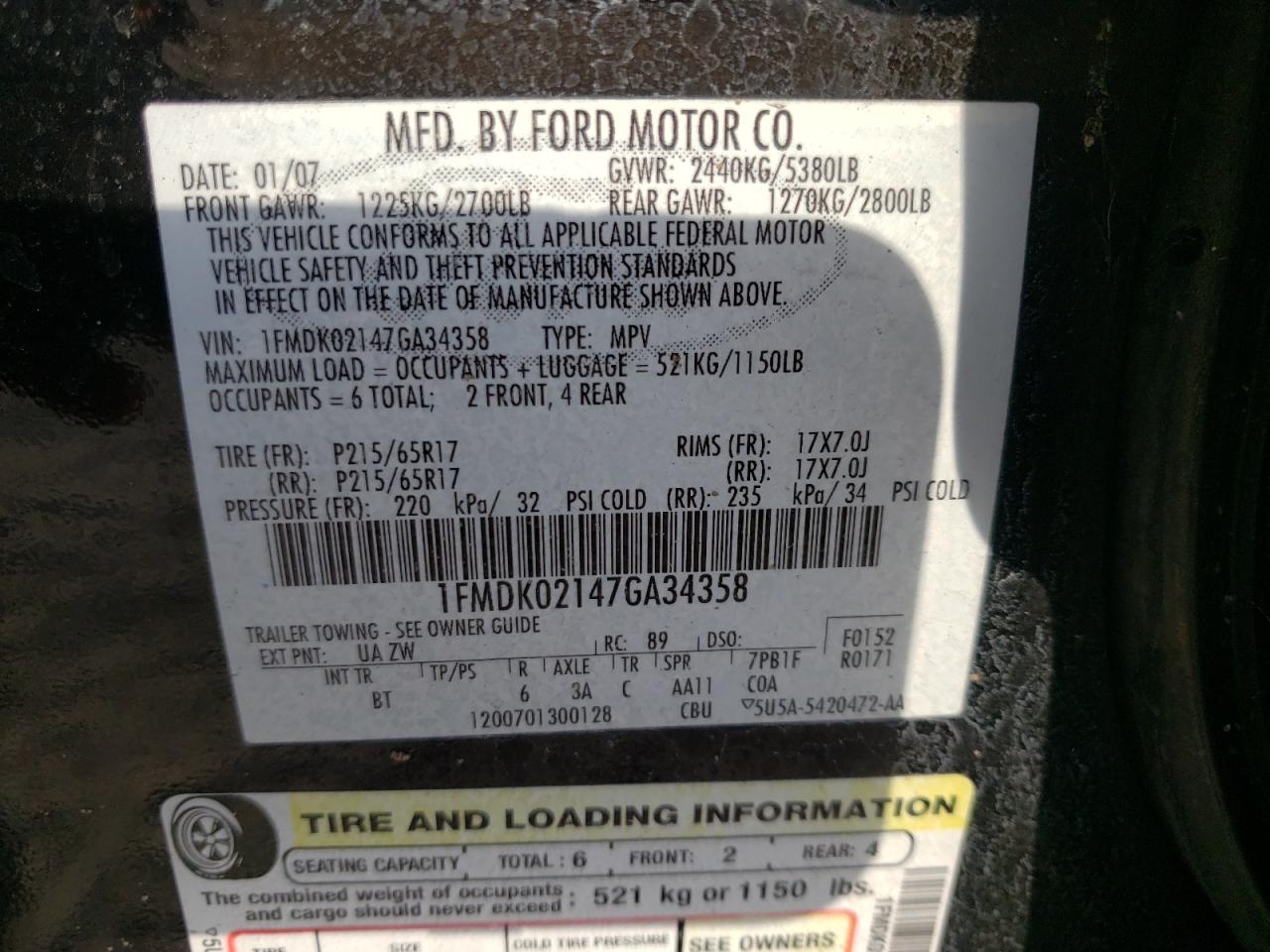 Photo 10 from auction – 2007 FORD FREESTYLE with VIN 1FMDK02147GA34358