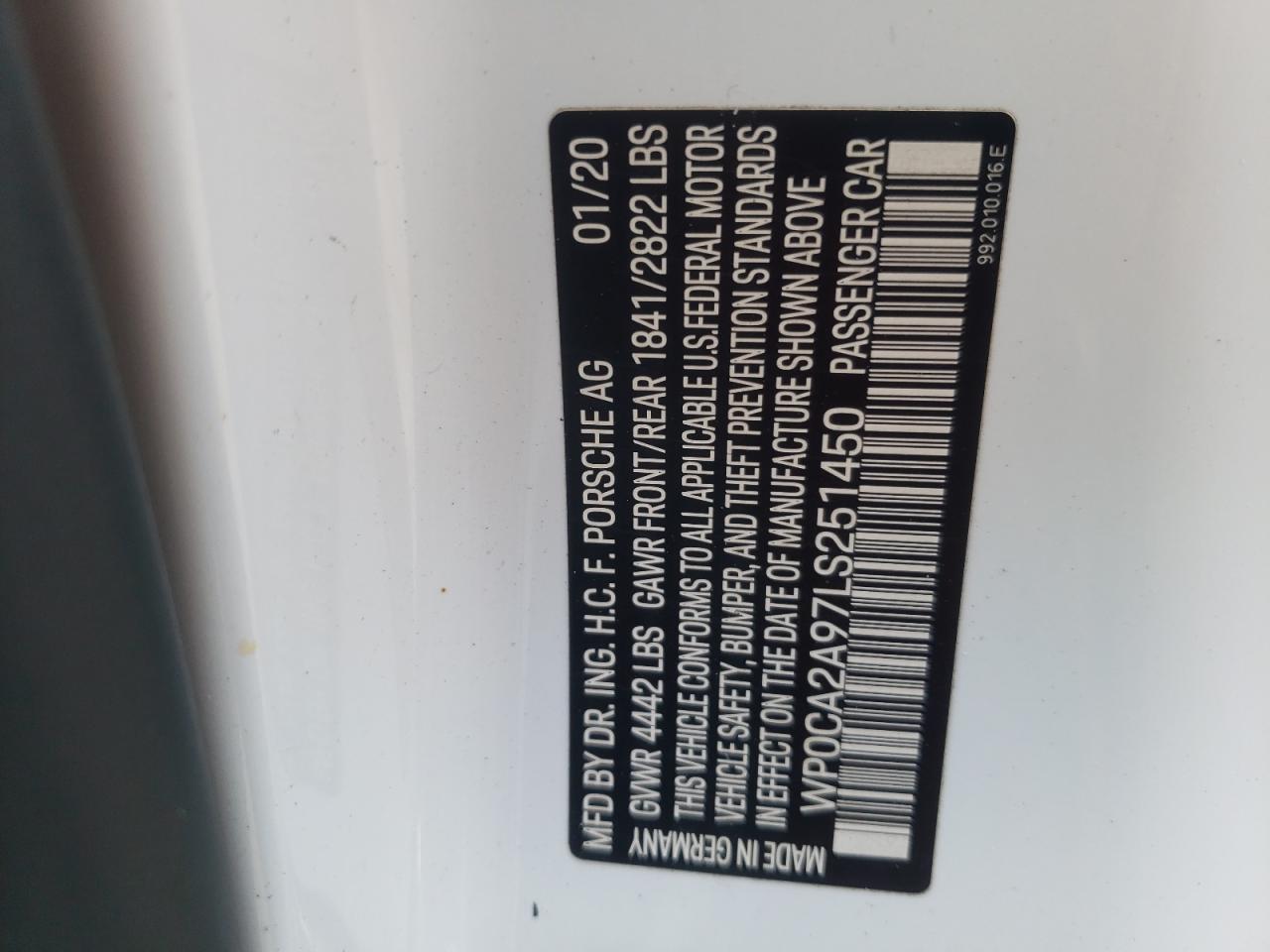 Photo 10 from auction – 2020 PORSCHE 911 CARRER with VIN WP0CA2A97LS251450