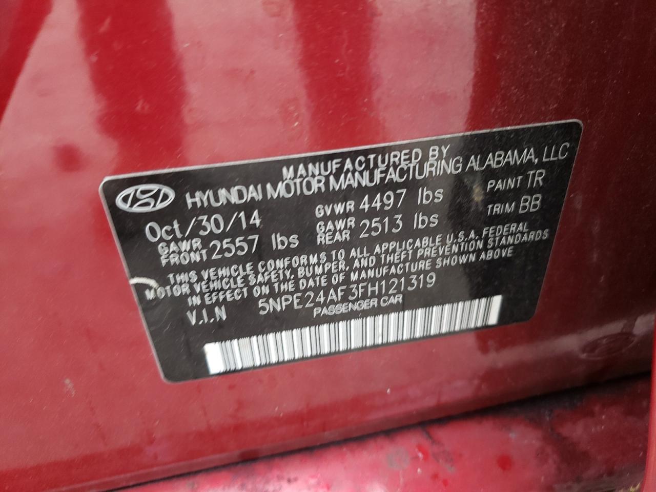 Photo 10 from auction – 2015 HYUNDAI SONATA SE with VIN 5NPE24AF3FH121319