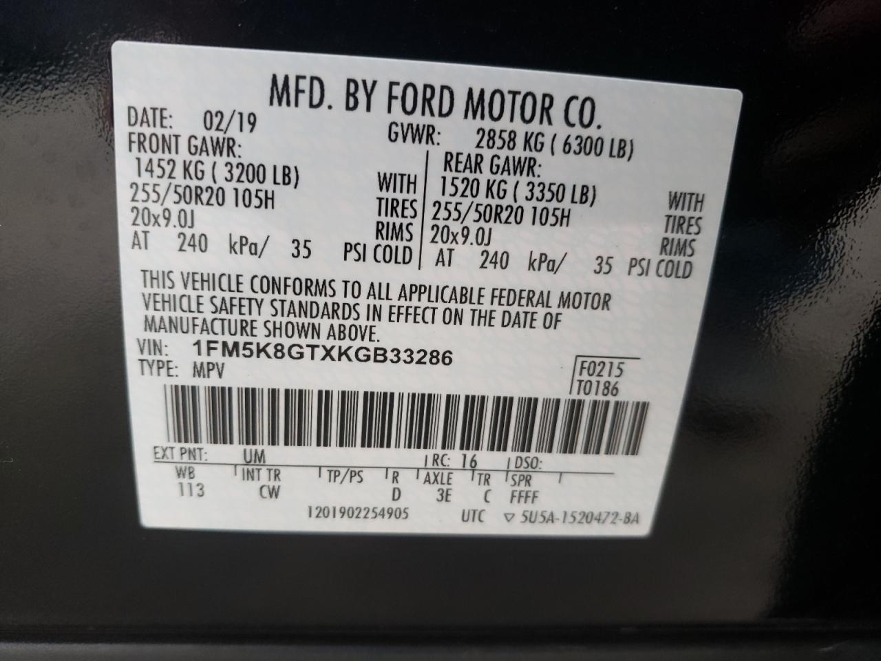 Photo 10 from auction – 2019 FORD EXPLORER S with VIN 1FM5K8GTXKGB33286