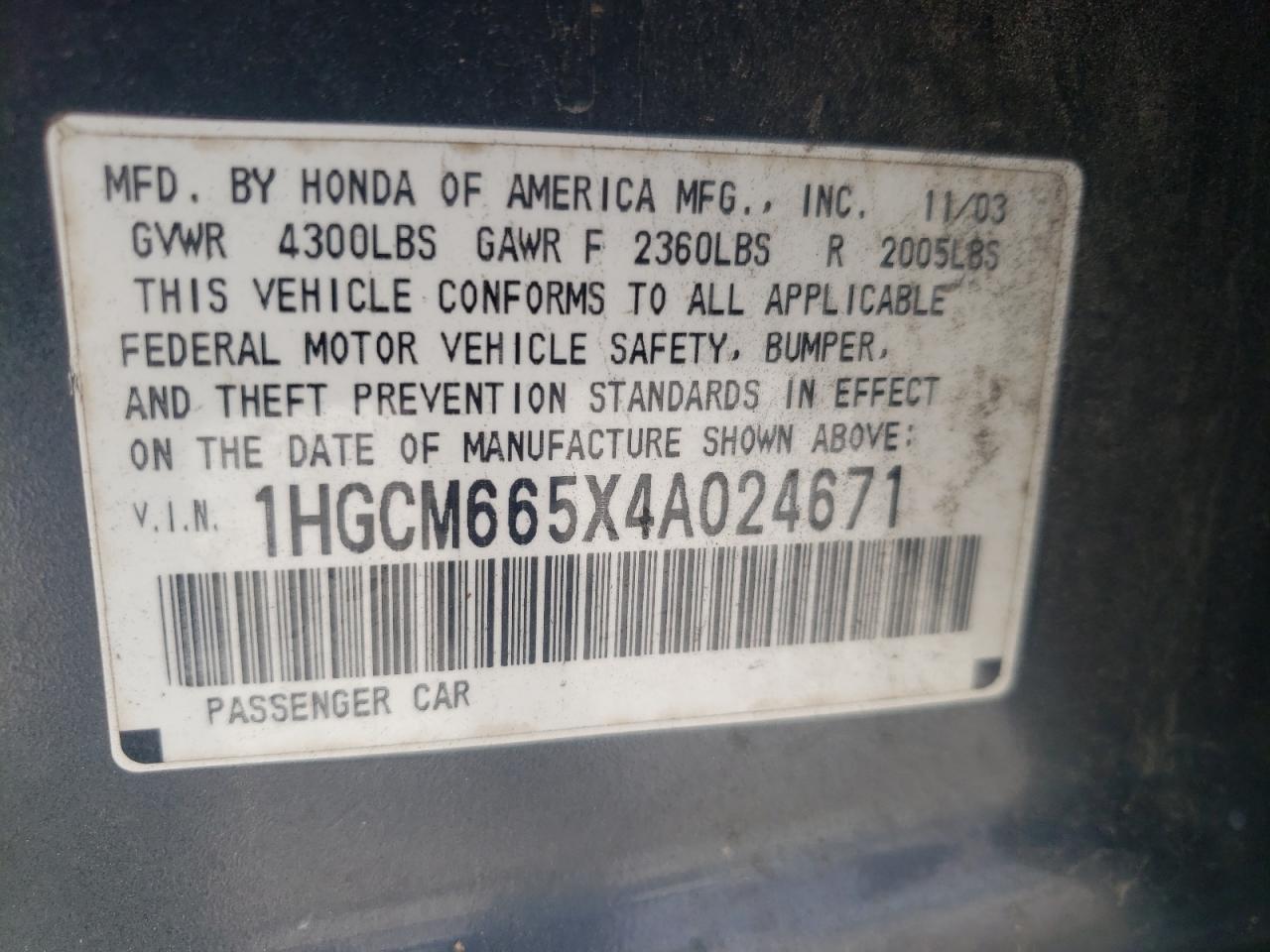 Photo 10 from auction – 2004 HONDA ACCORD EX with VIN 1HGCM665X4A024671