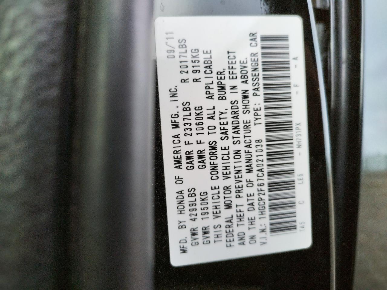 Photo 10 from auction – 2012 HONDA ACCORD SE with VIN 1HGCP2F67CA021038