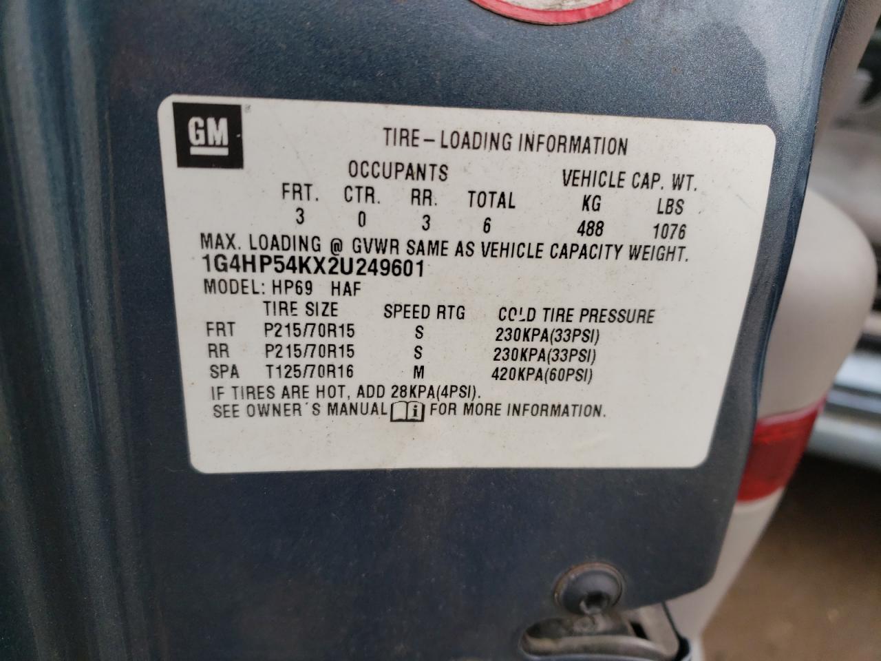 Photo 10 from auction – 2002 BUICK LESABRE CU with VIN 1G4HP54KX2U249601