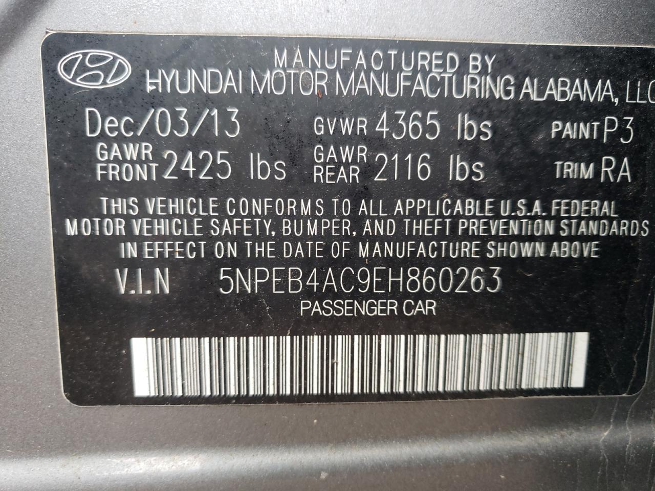 Photo 10 from auction – 2014 HYUNDAI SONATA GLS with VIN 5NPEB4AC9EH860263