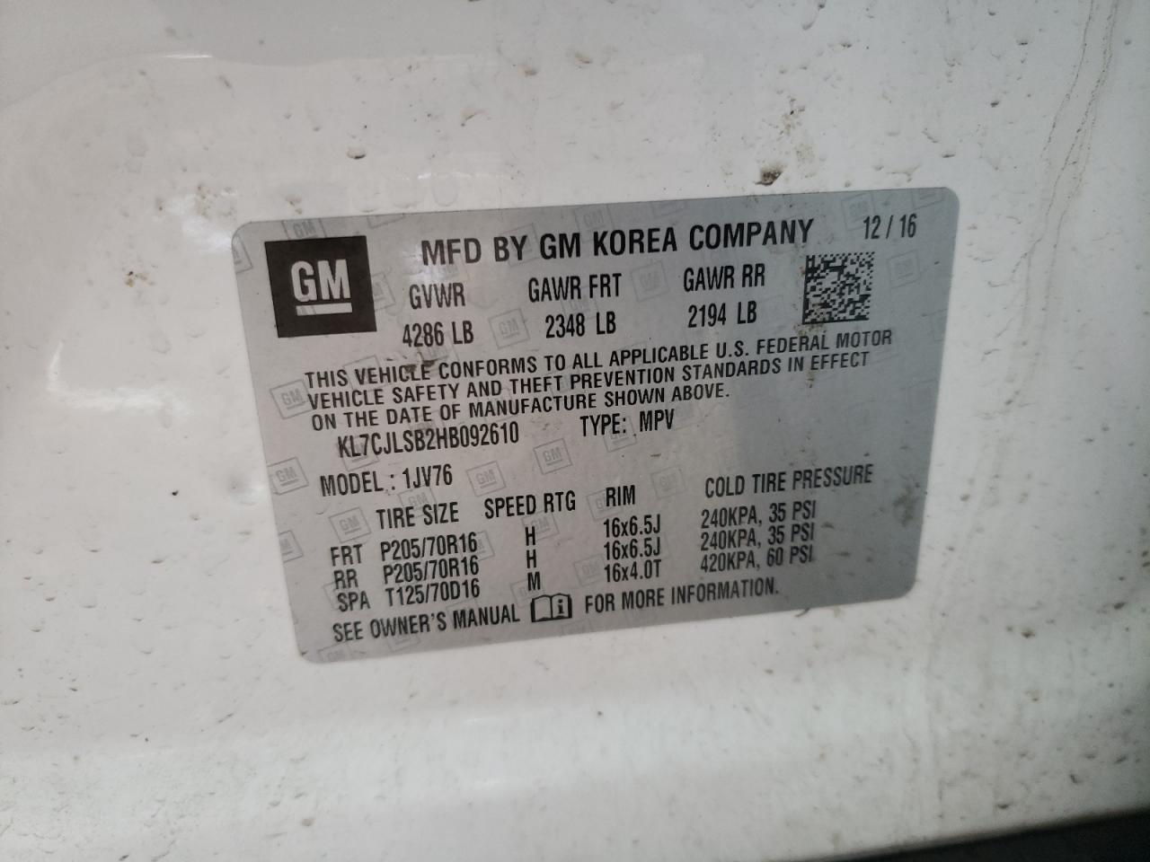 Photo 10 from auction – 2017 CHEVROLET TRAX 1LT with VIN KL7CJLSB2HB092610