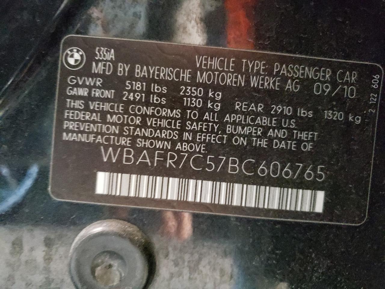 Photo 10 from auction – 2011 BMW 535 I with VIN WBAFR7C57BC606765