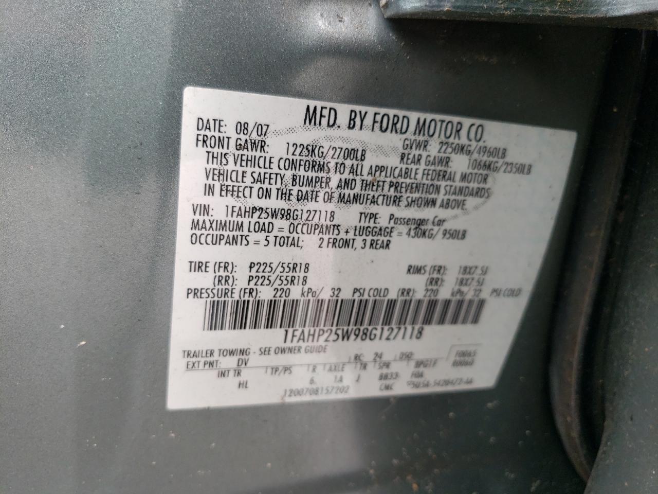 Photo 10 from auction – 2008 FORD TAURUS LIM with VIN 1FAHP25W98G127118