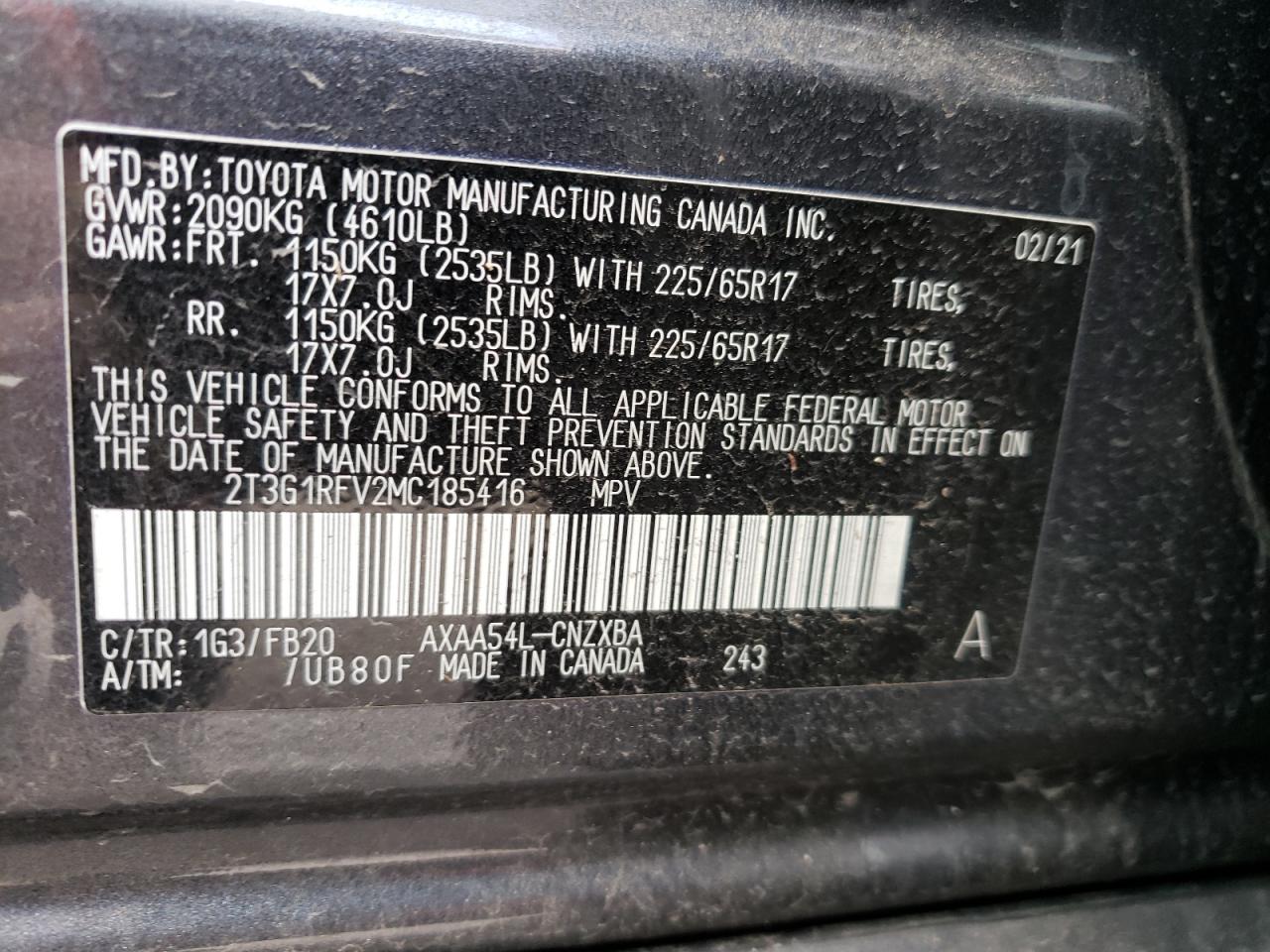 Photo 10 from auction – 2021 TOYOTA RAV4 LE with VIN 2T3G1RFV2MC185416