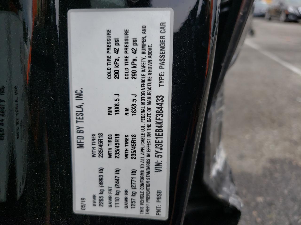 Photo 10 from auction – 2019 TESLA MODEL 3 with VIN 5YJ3E1EB4KF384433