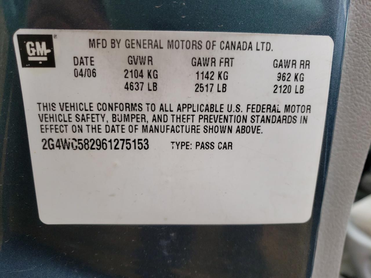 Photo 10 from auction – 2006 BUICK LACROSSE C with VIN 2G4WC582961275153
