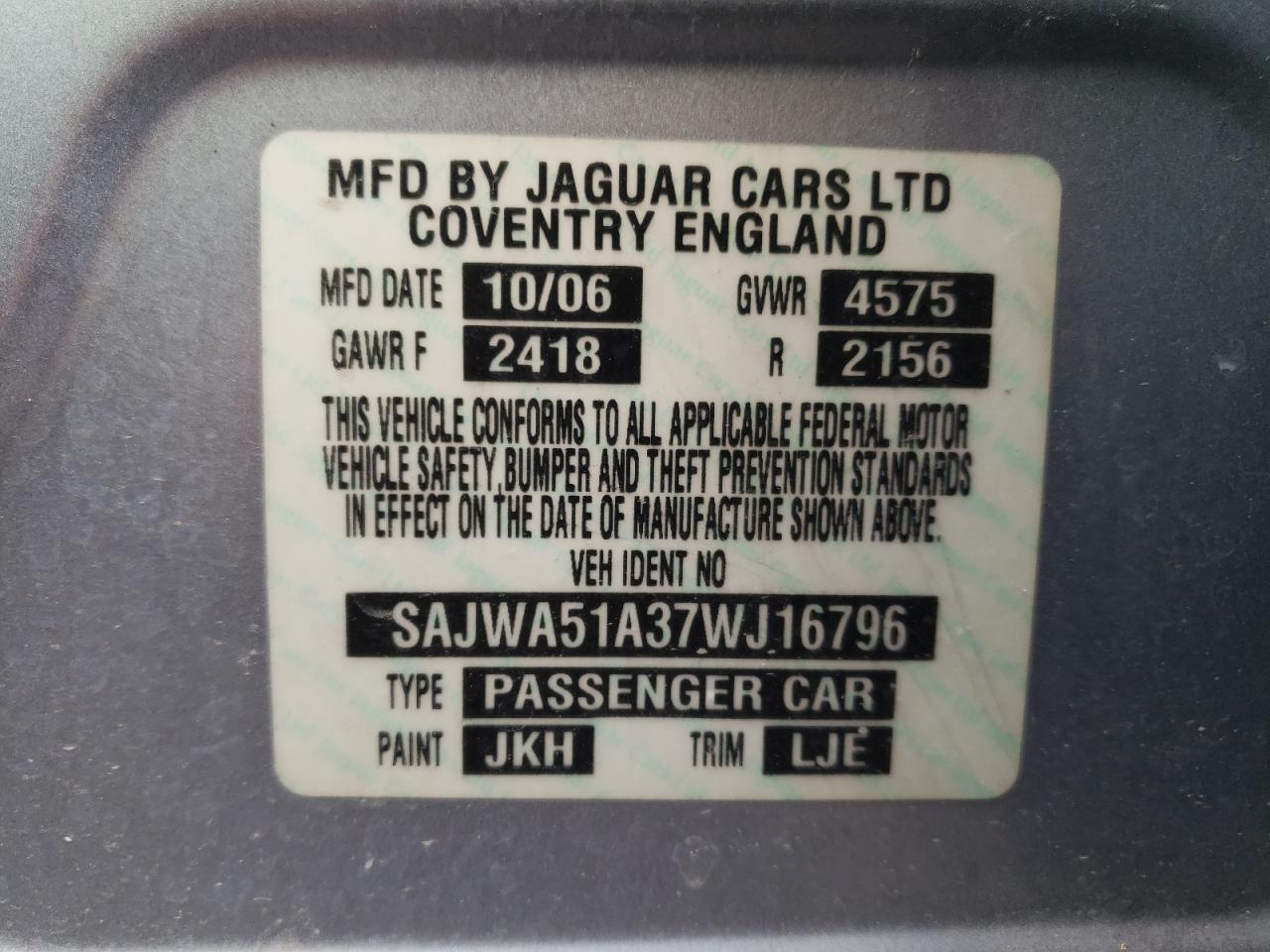 Photo 10 from auction – 2007 JAGUAR X-TYPE 3.0 with VIN SAJWA51A37WJ16796