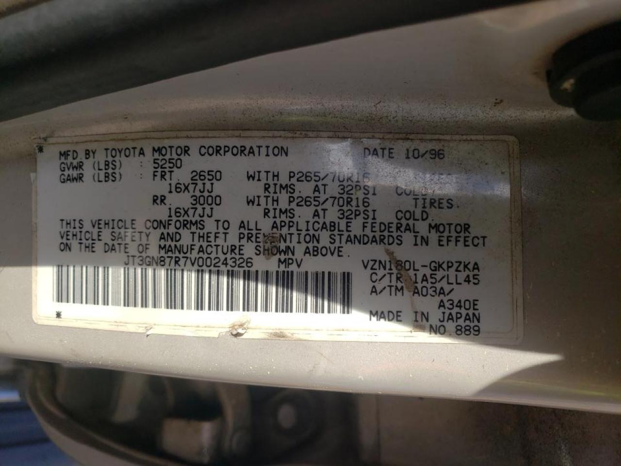 Photo 10 from auction – 1997 TOYOTA 4RUNNER LI with VIN JT3GN87R7V0024326