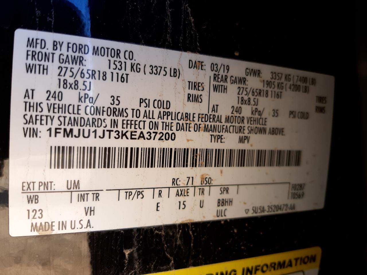Photo 10 from auction – 2019 FORD EXPEDITION with VIN 1FMJU1JT3KEA37200