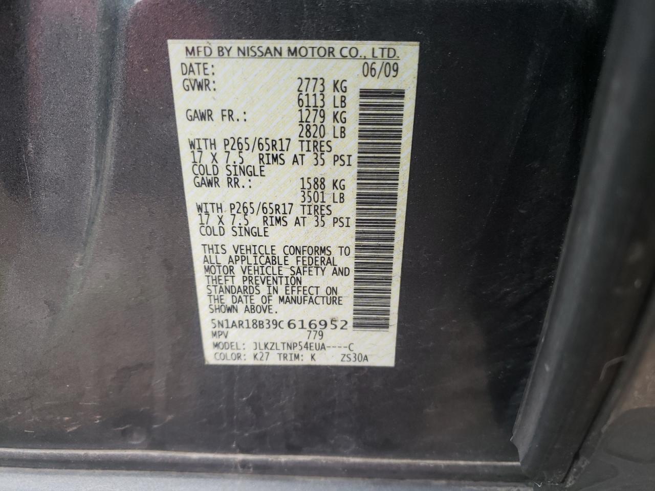Photo 10 from auction – 2009 NISSAN PATHFINDER with VIN 5N1AR18B39C616952
