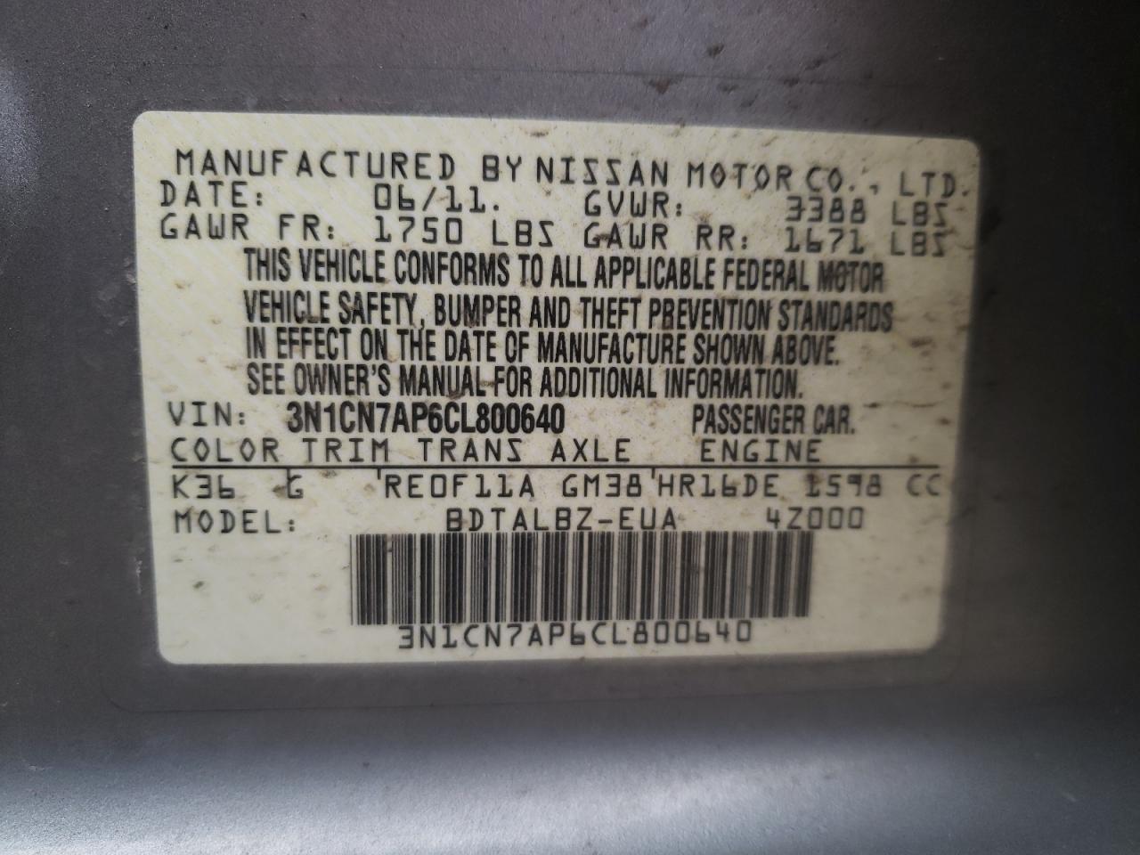 Photo 10 from auction – 2012 NISSAN VERSA S with VIN 3N1CN7AP6CL800640
