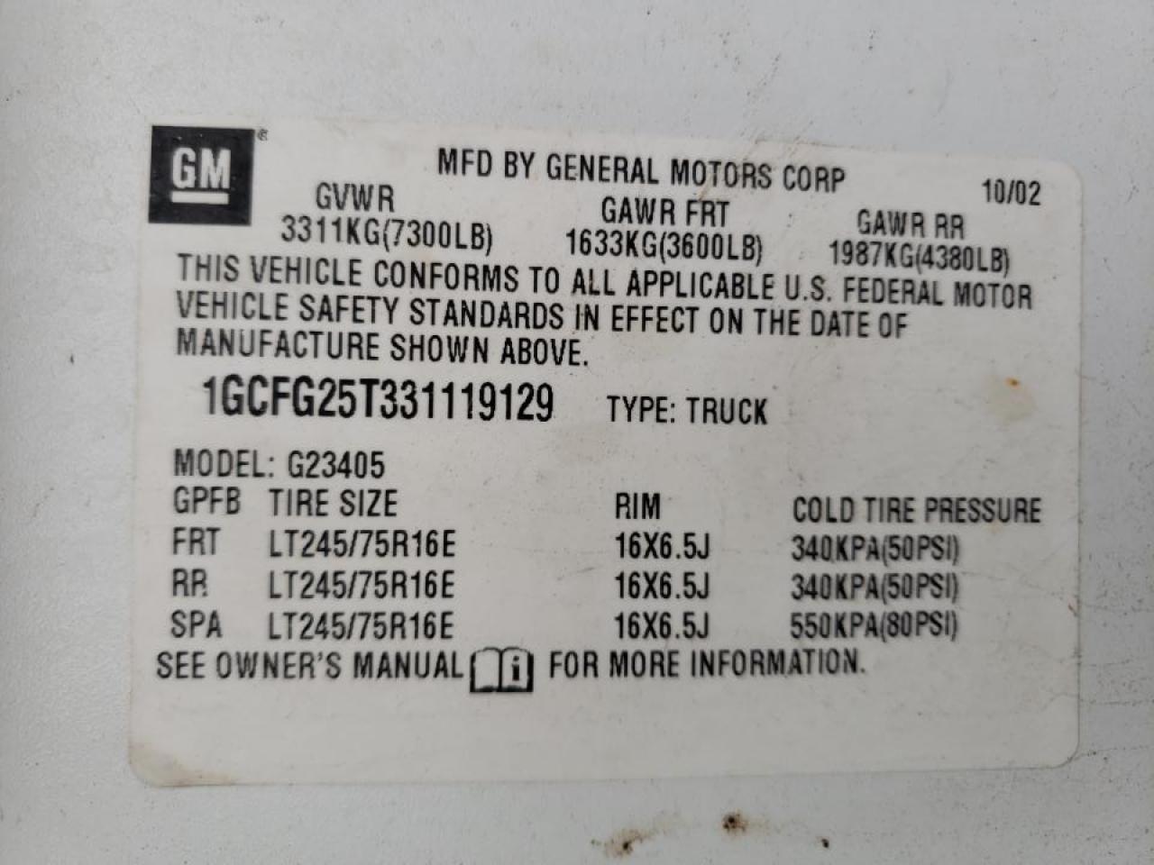 Photo 10 from auction – 2003 CHEVROLET EXPRESS G2 with VIN 1GCFG25T331119129