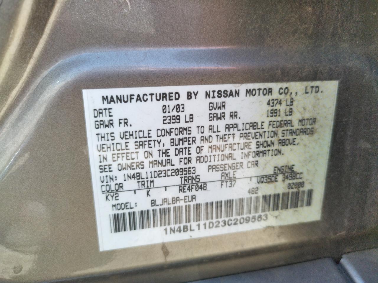 Photo 10 from auction – 2003 NISSAN ALTIMA SE with VIN 1N4BL11D23C209563