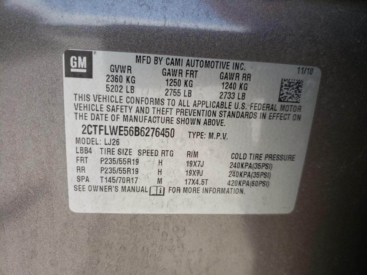 Photo 10 from auction – 2011 GMC TERRAIN SL with VIN 2CTFLWE56B6276450