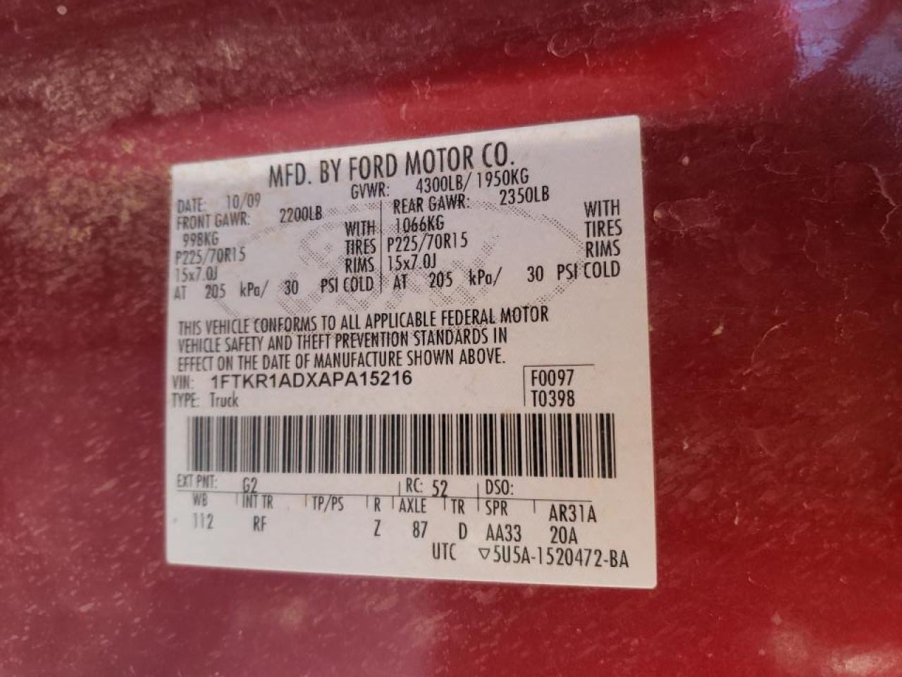 Photo 10 from auction – 2010 FORD RANGER with VIN 1FTKR1ADXAPA15216
