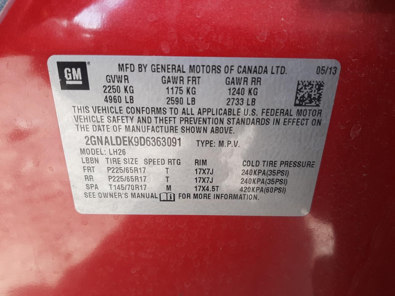 Photo 10 from auction – 2013 CHEVROLET EQUINOX LT with VIN 2GNALDEK9D6363091