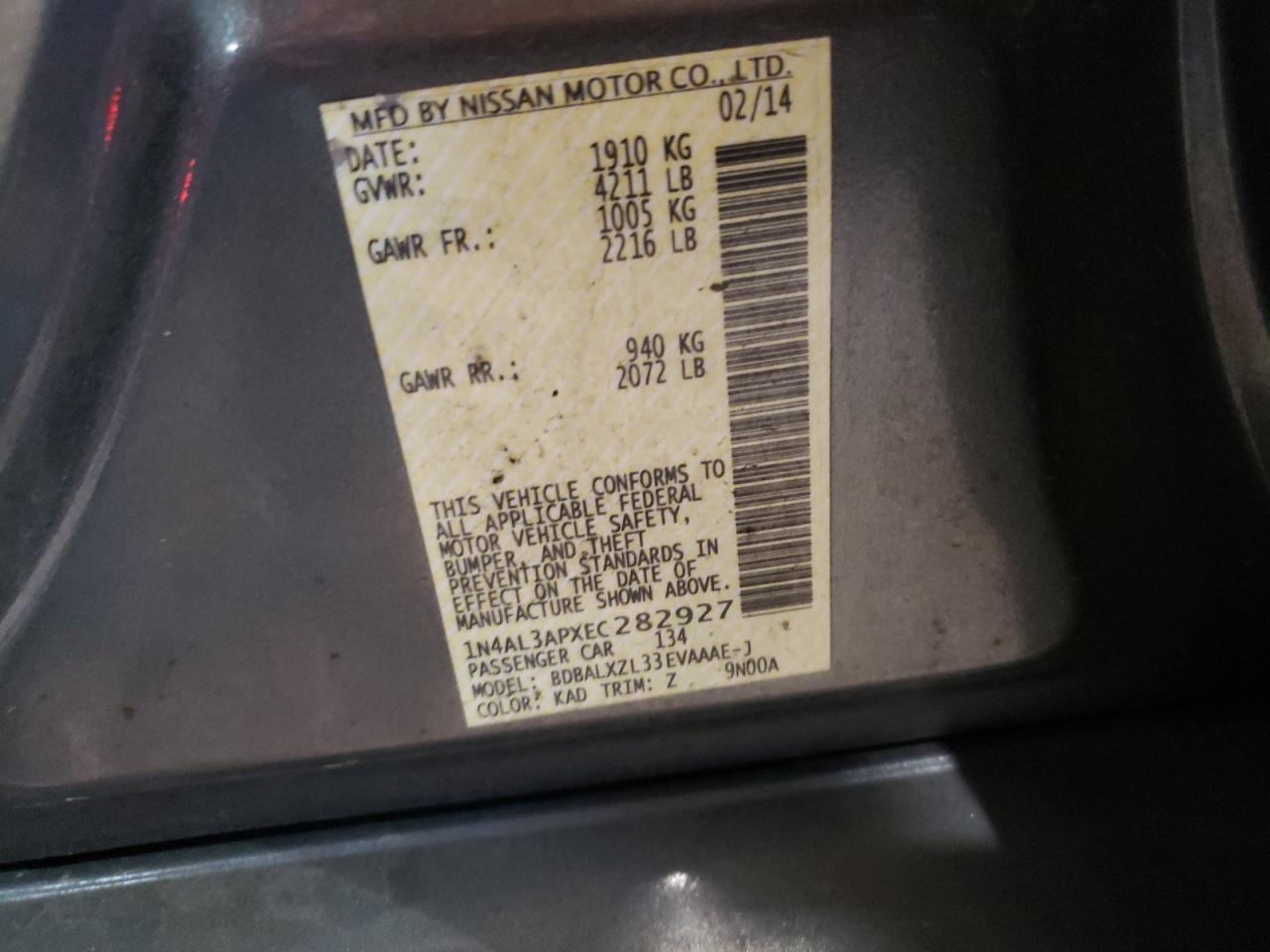 Photo 10 from auction – 2014 NISSAN ALTIMA 2.5 with VIN 1N4AL3APXEC282927