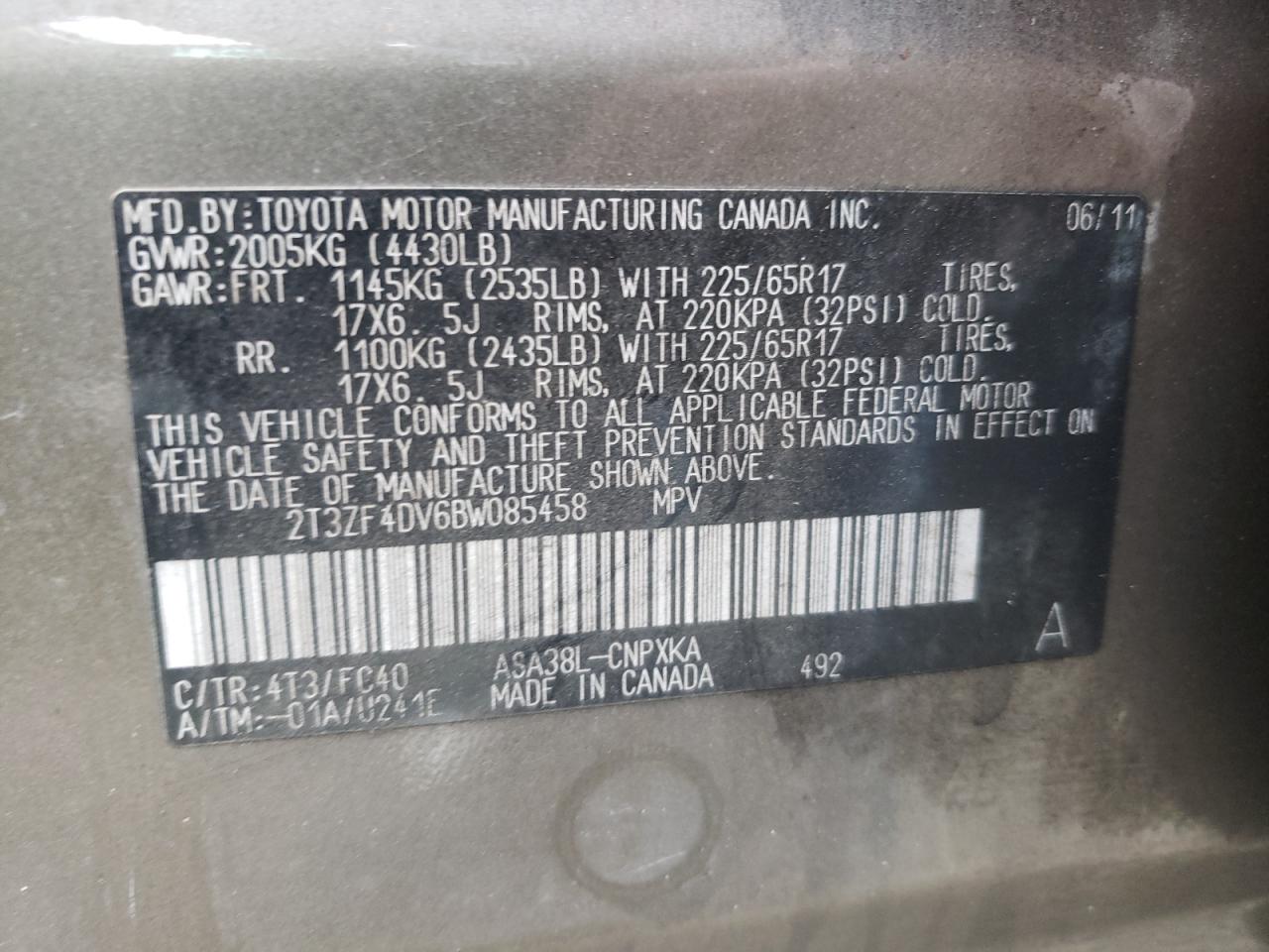 Photo 10 from auction – 2011 TOYOTA RAV4 with VIN 2T3ZF4DV6BW085458