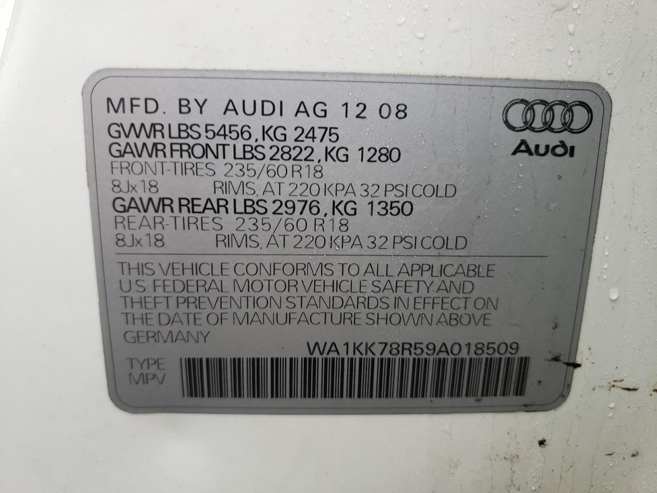 Photo 10 from auction – 2009 AUDI Q5 3.2 with VIN WA1KK78R59A018509