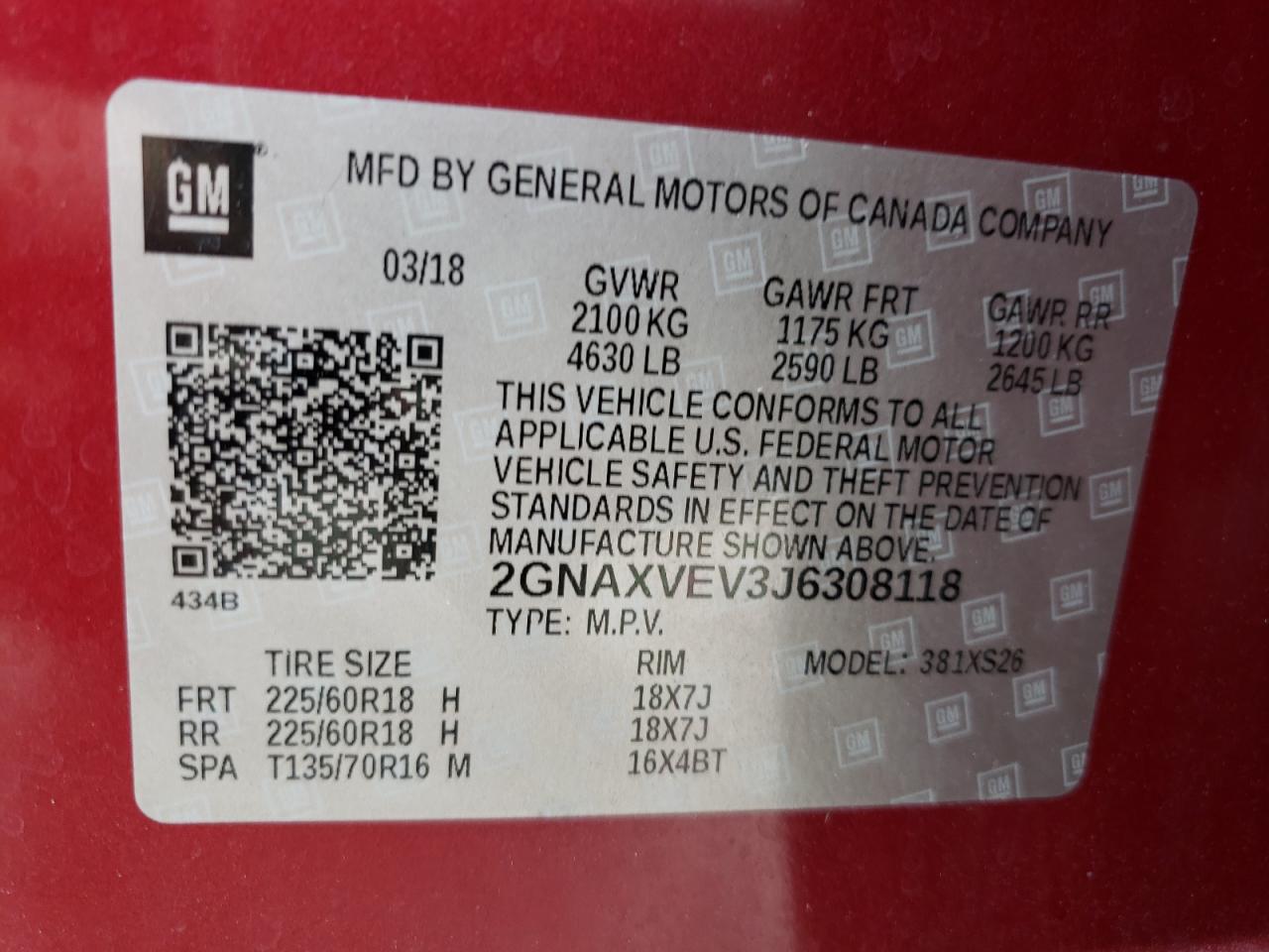 Photo 10 from auction – 2018 CHEVROLET EQUINOX PR with VIN 2GNAXVEV3J6308118