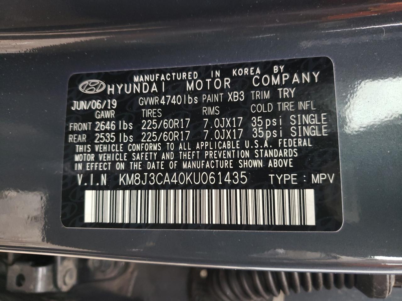 Photo 10 from auction – 2019 HYUNDAI TUCSON LIM with VIN KM8J3CA40KU061435