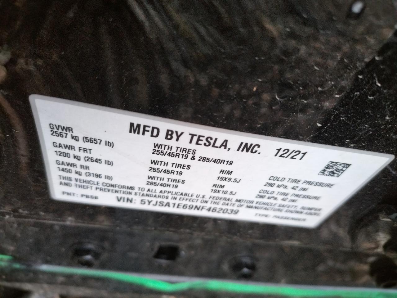 Photo 10 from auction – 2022 TESLA MODEL S with VIN 5YJSA1E69NF462039