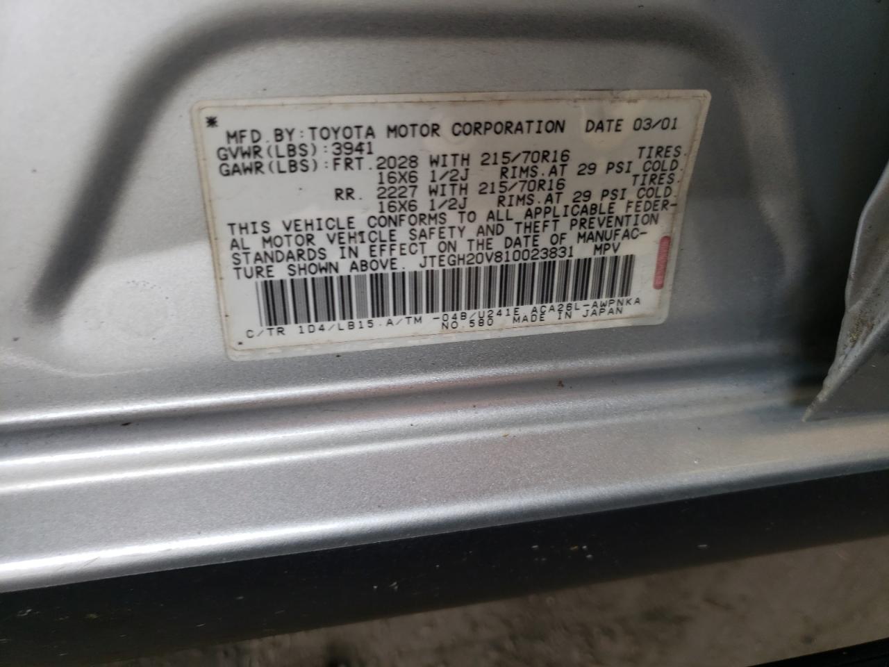 Photo 10 from auction – 2001 TOYOTA RAV4 with VIN JTEGH20V810023831