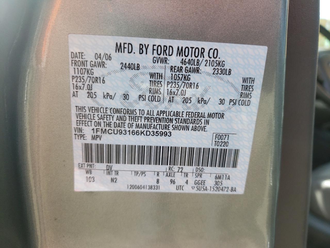 Photo 10 from auction – 2006 FORD ESCAPE XLT with VIN 1FMCU93166KD35993