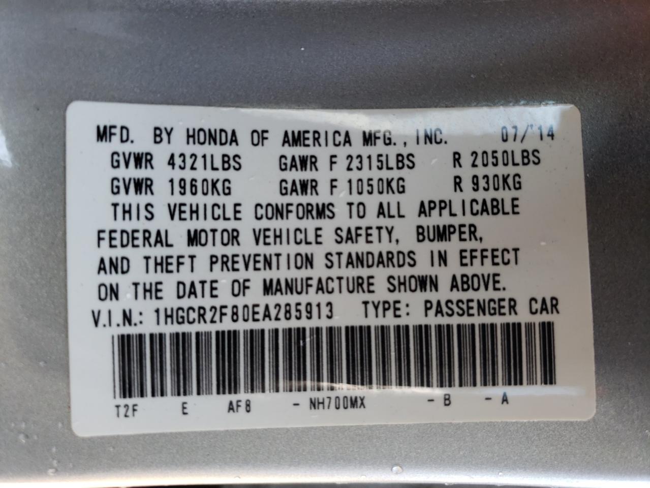 Photo 10 from auction – 2014 HONDA ACCORD EXL with VIN 1HGCR2F80EA285913