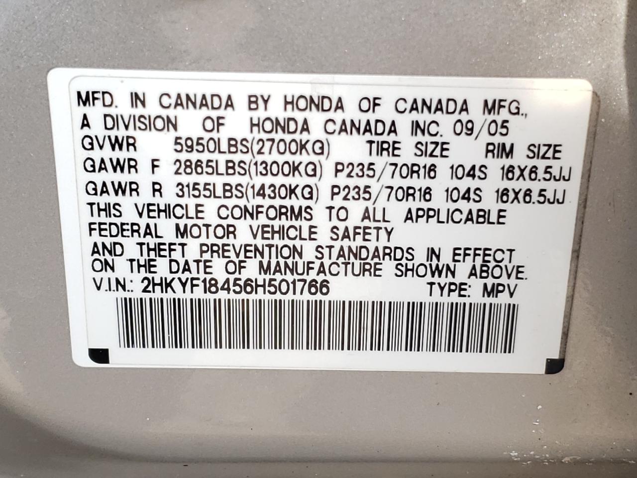 Photo 10 from auction – 2006 HONDA PILOT EX with VIN 2HKYF18456H501766