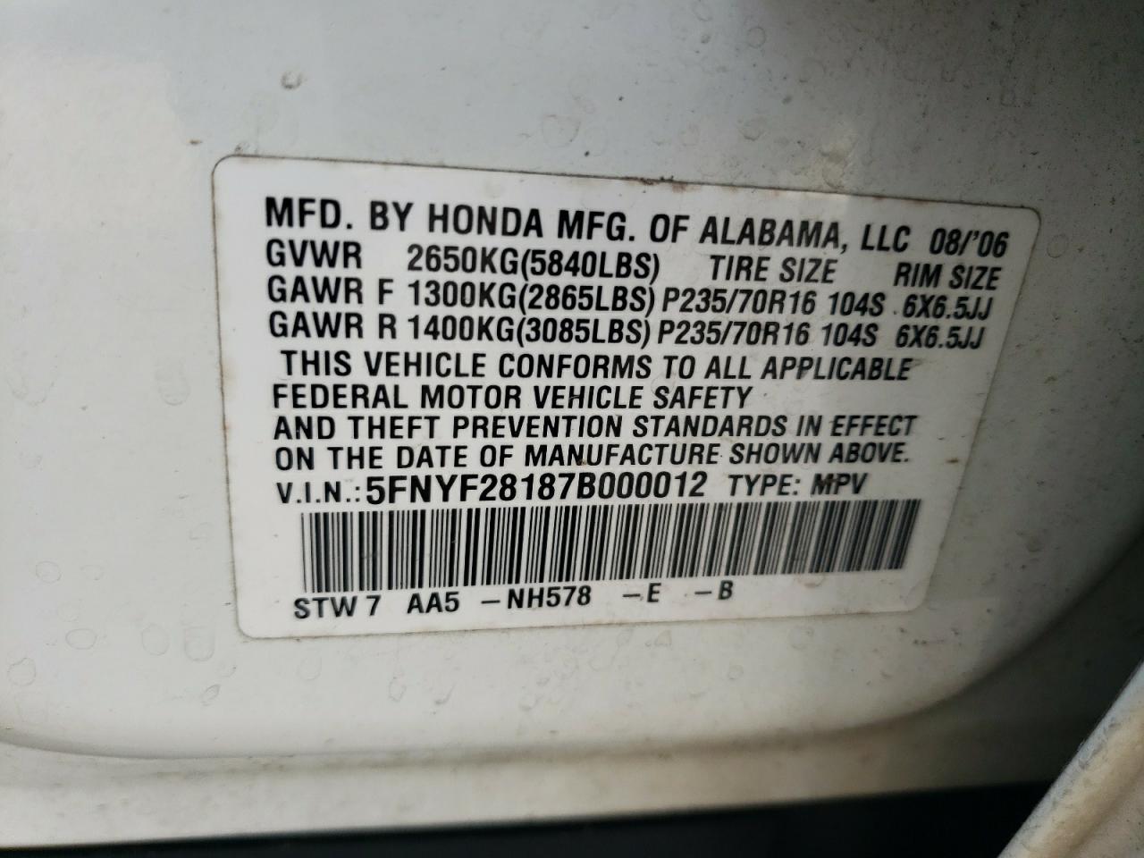 Photo 10 from auction – 2007 HONDA PILOT LX with VIN 5FNYF28187B000012