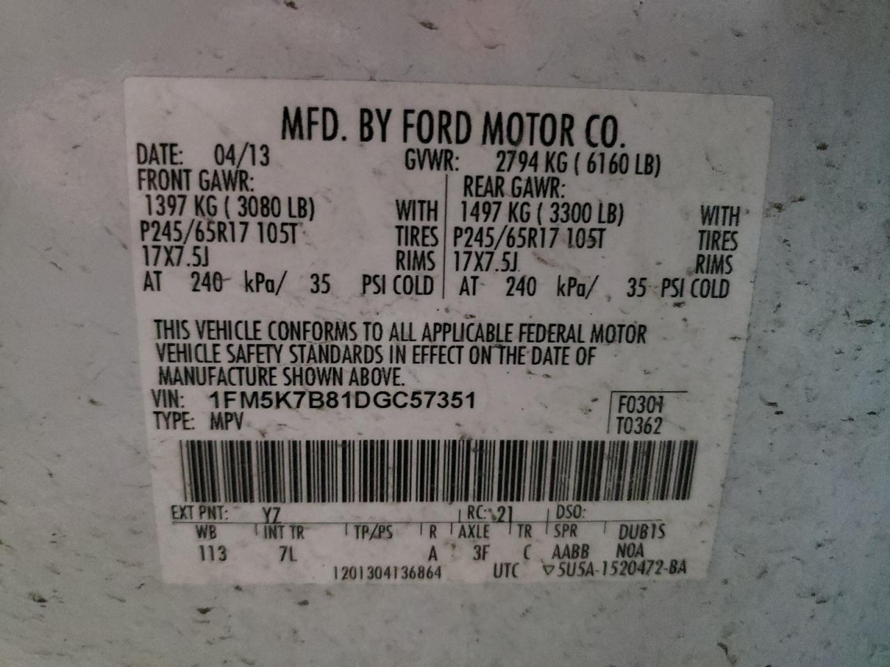 Photo 10 from auction – 2013 FORD EXPLORER with VIN 1FM5K7B81DGC57351