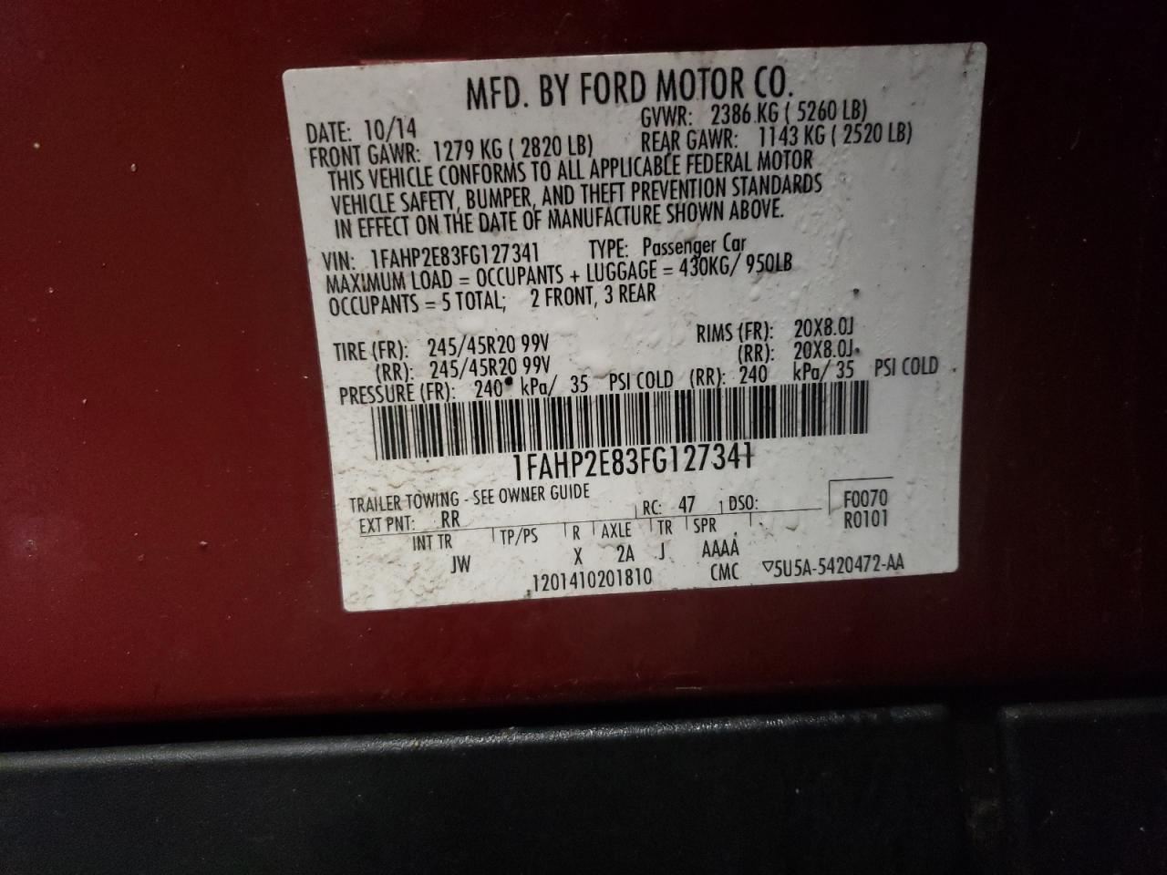 Photo 10 from auction – 2015 FORD TAURUS SEL with VIN 1FAHP2E83FG127341