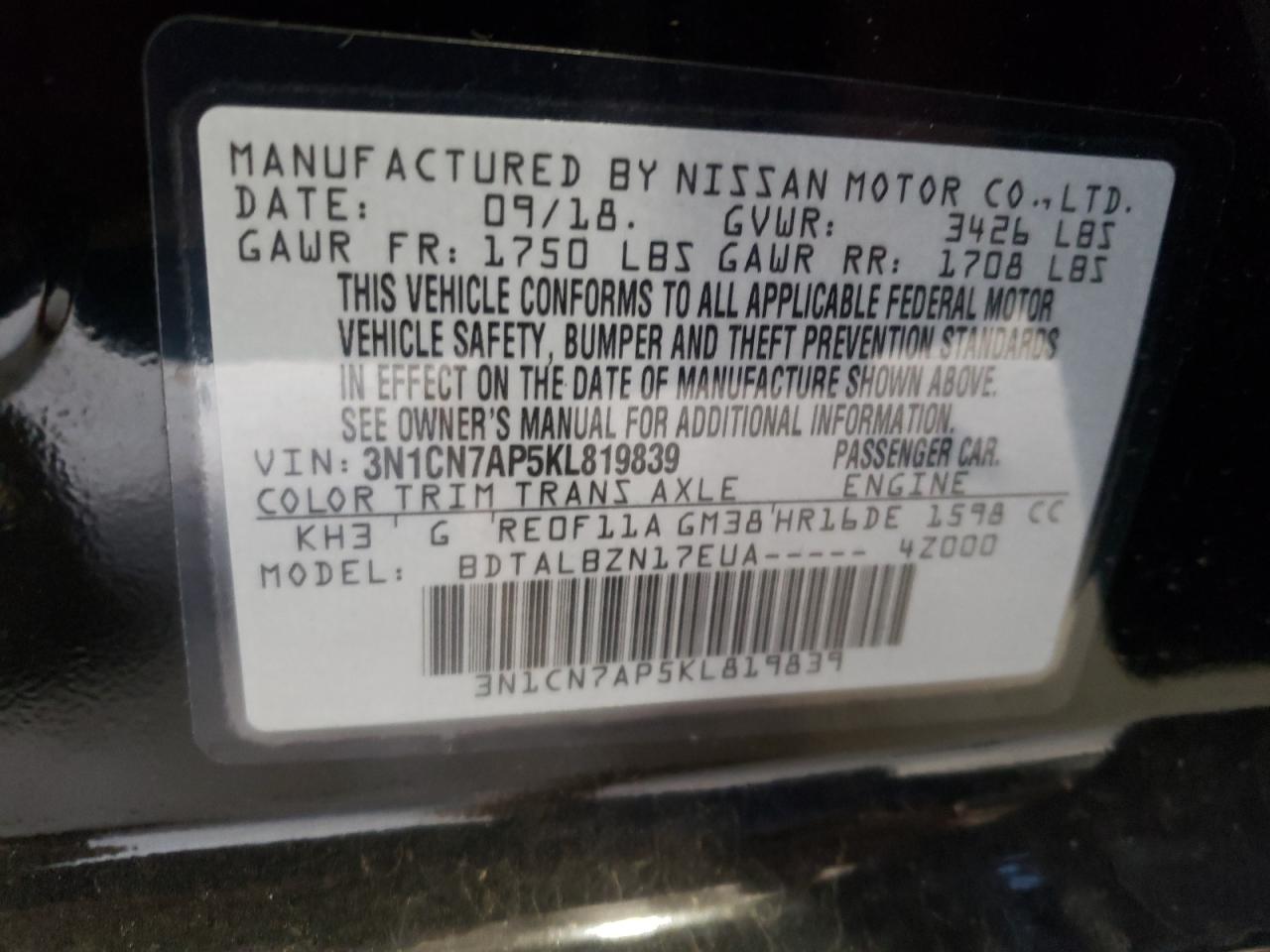 Photo 10 from auction – 2019 NISSAN VERSA S with VIN 3N1CN7AP5KL819839