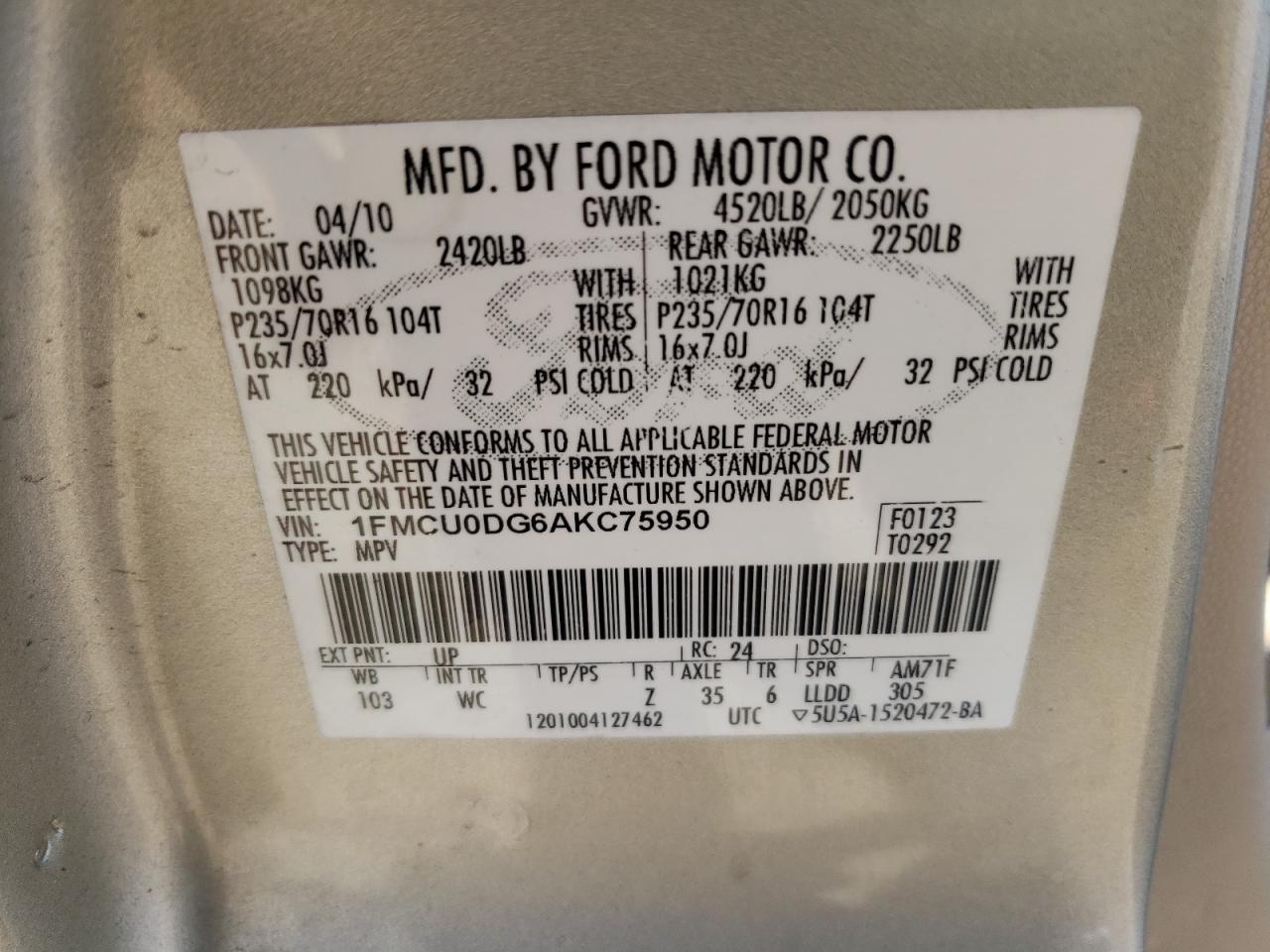 Photo 10 from auction – 2010 FORD ESCAPE XLT with VIN 1FMCU0DG6AKC75950