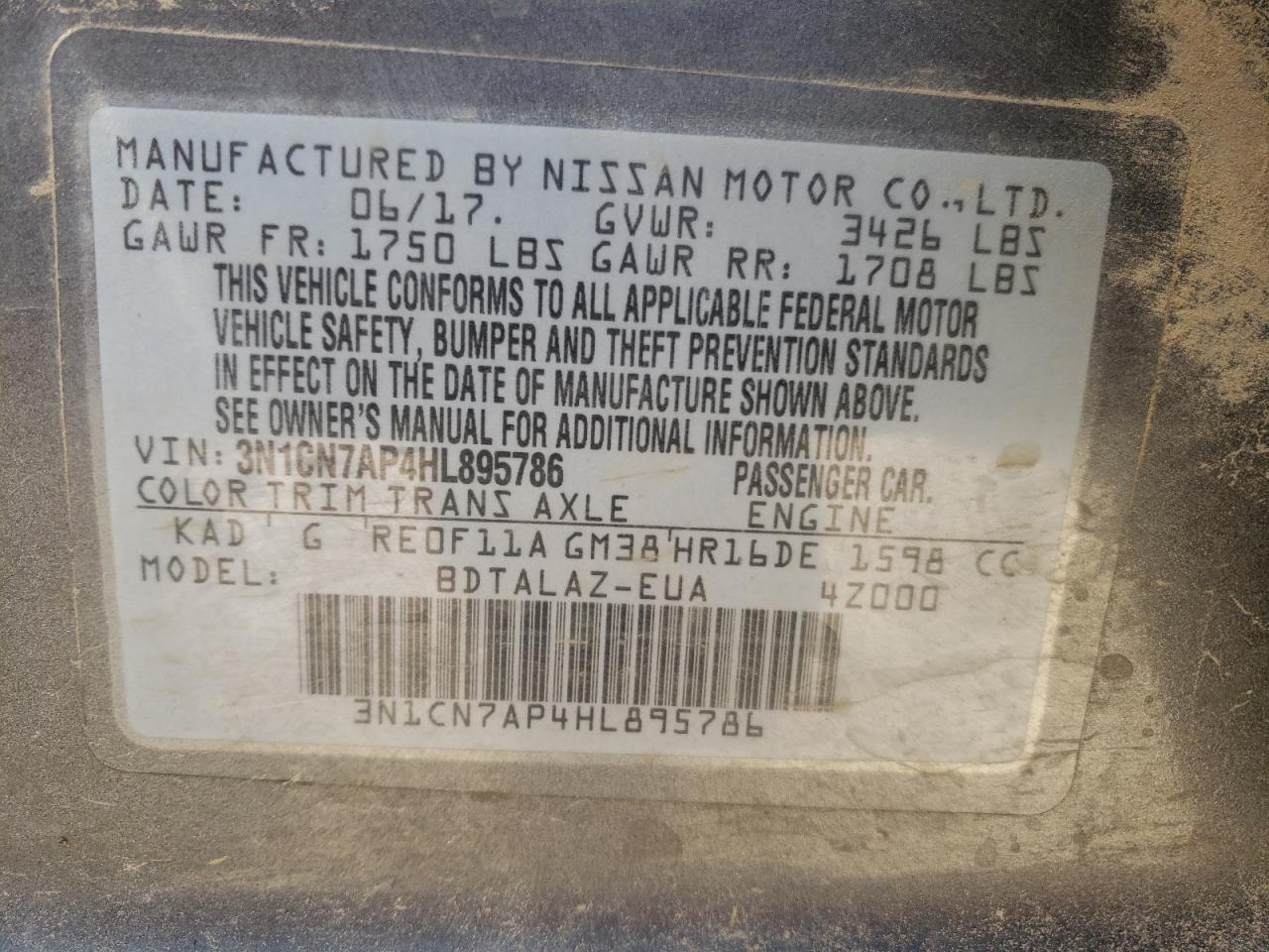 Photo 10 from auction – 2017 NISSAN VERSA S with VIN 3N1CN7AP4HL895786