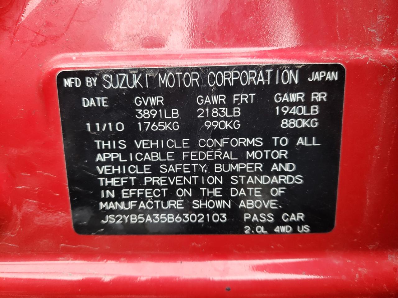 Photo 10 from auction – 2011 SUZUKI SX4 with VIN JS2YB5A35B6302103
