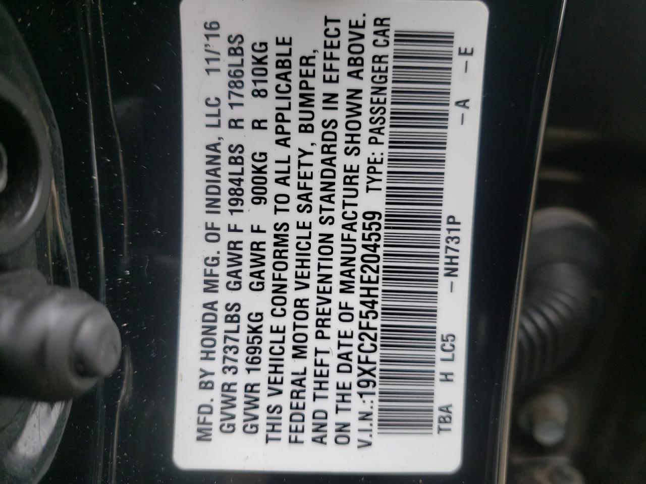 Photo 10 from auction – 2017 HONDA CIVIC LX with VIN 19XFC2F54HE204559