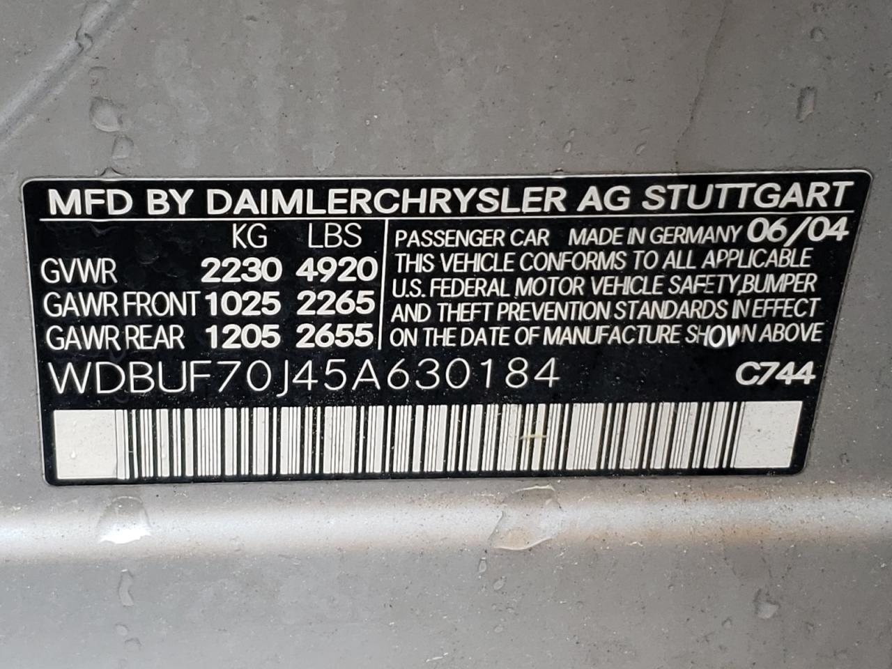 Photo 10 from auction – 2005 MERCEDES-BENZ E 500 with VIN WDBUF70J45A630184