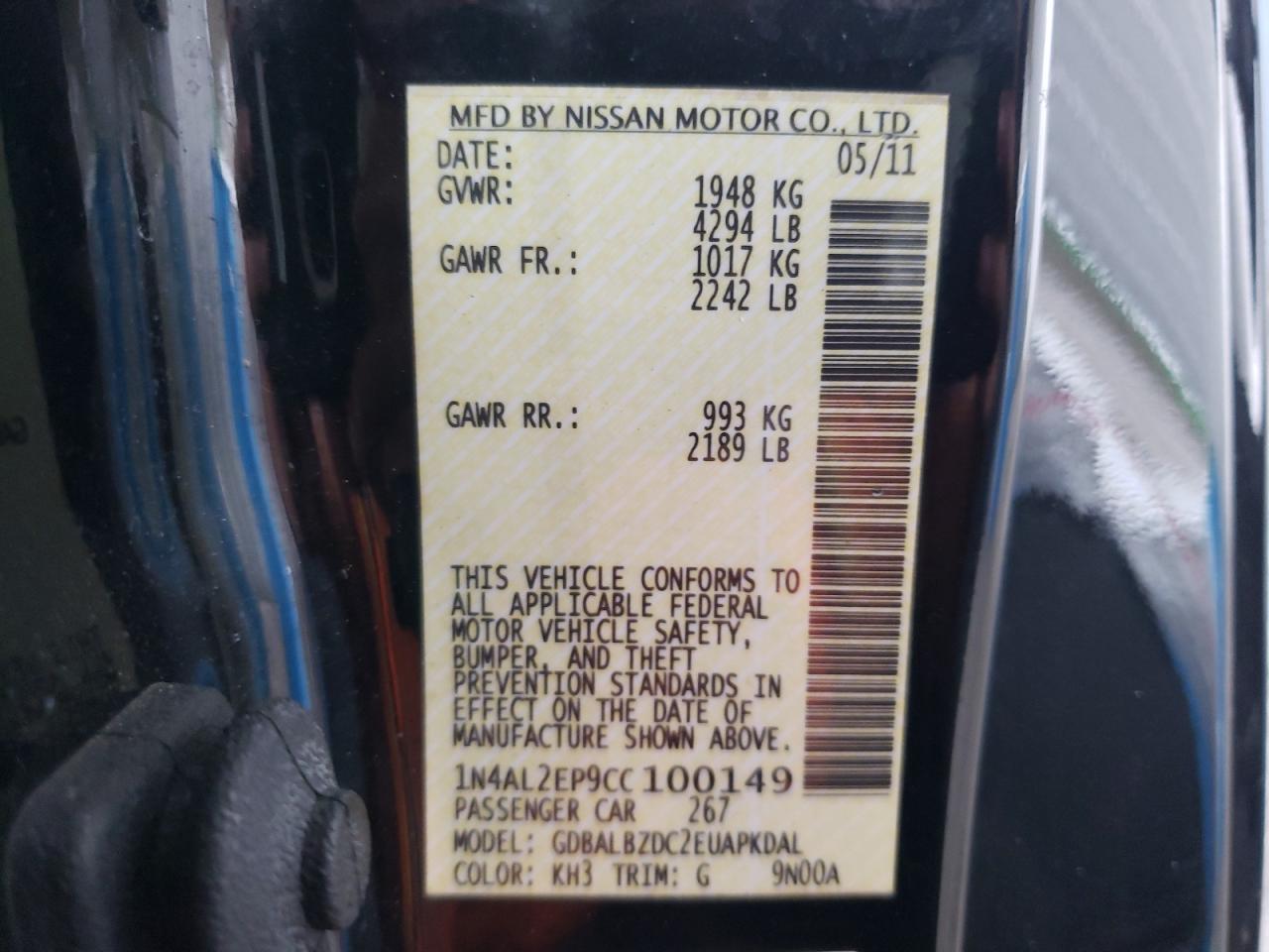 Photo 10 from auction – 2012 NISSAN ALTIMA S with VIN 1N4AL2EP9CC100149